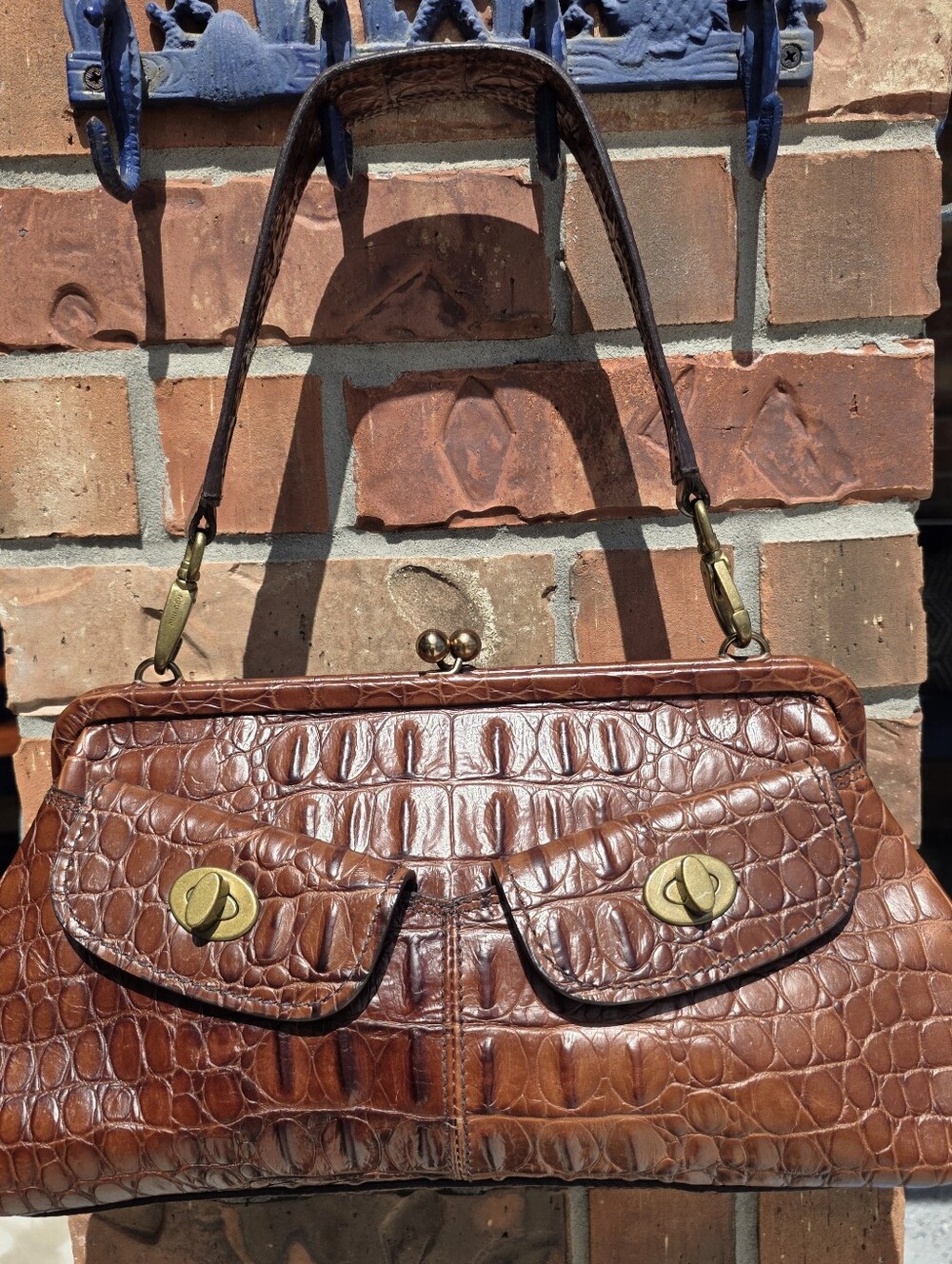 Vintage Miu Miu Brown Crocodile Embossed Leather Kiss-Lock Shoulder Bag Y2K